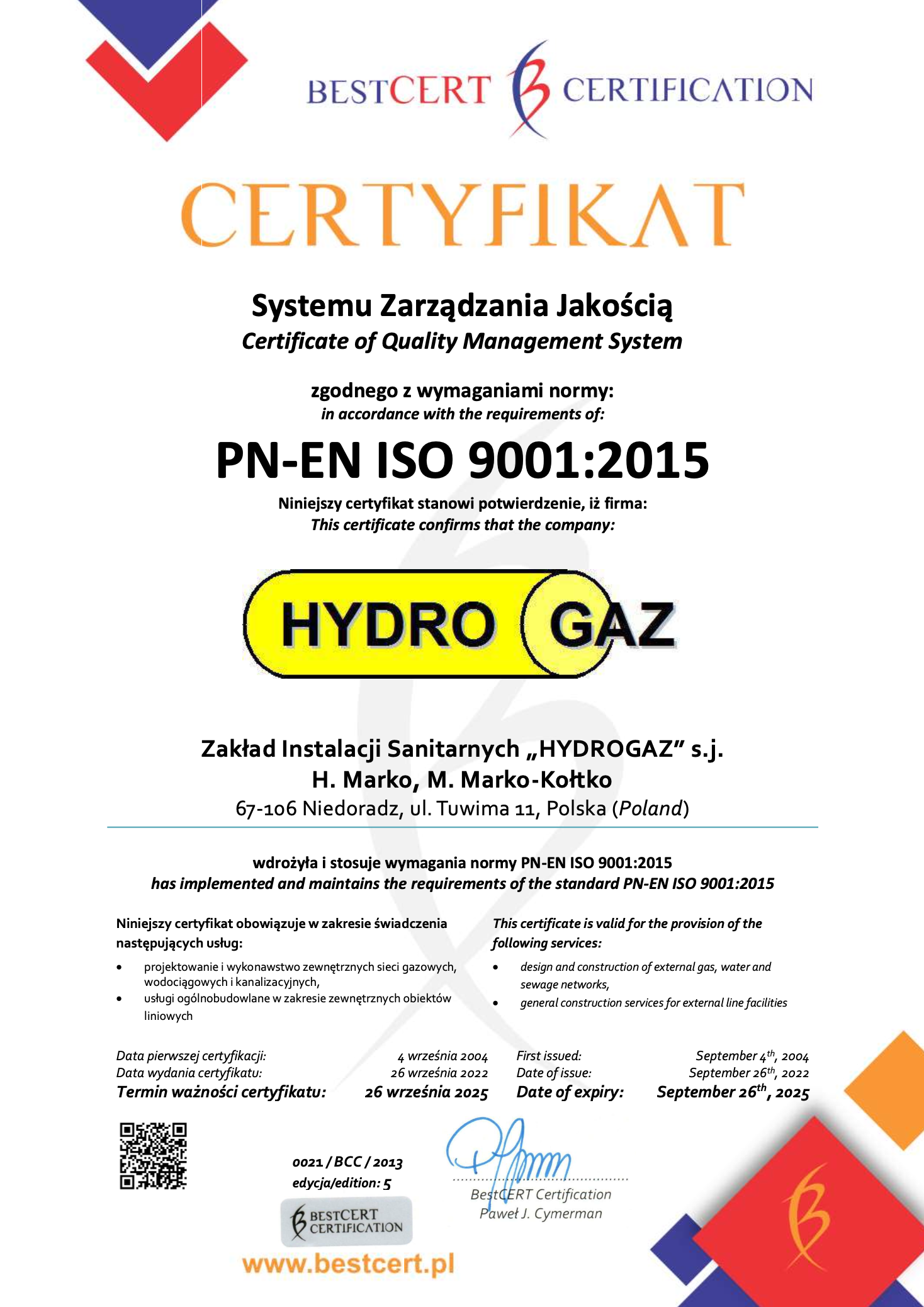 Certyfikat ISO 9001:2015 HYDRO GAZ